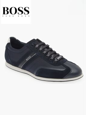 NIB Hugo Boss Stiven Mens Size 11 Navy Blue Suede with Logo Lace-Up Sneaker